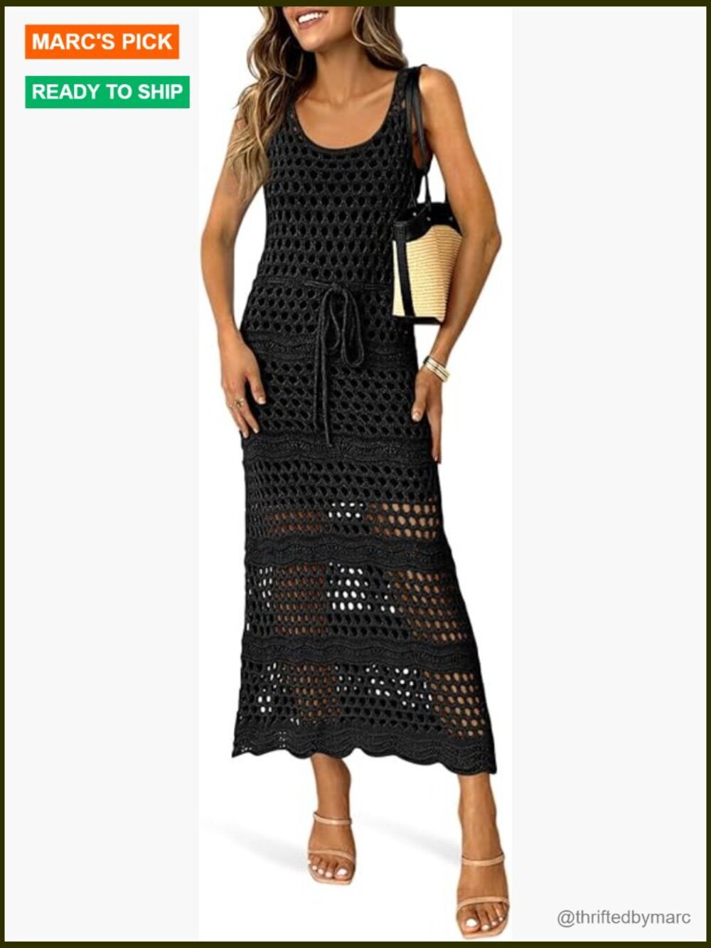 Crochet Beach Cover Up Dress Sleeveless Scoop Neck Drawstring Long